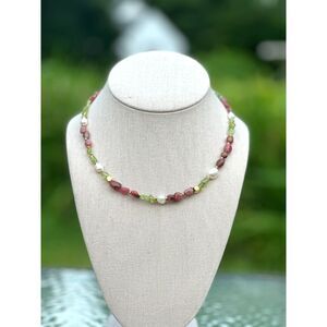 Natural Peridot, Rhodonite & Freshwater Pearl Necklace